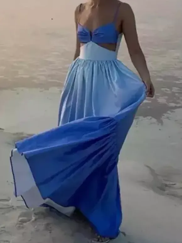 Robe longue dégradée à bretelles pour femme - Robe d'été bohème bleue à décolleté en V et découpes latérales - Idéale pour les vacances d'été à la plage 2026