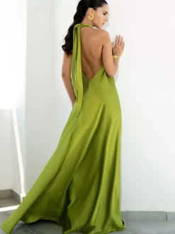 Robe longue dos nu à bretelles pour femme - Robe fluide minimaliste en satin - Idéale pour les vacances d'été et les fêtes sur la plage 2026