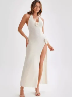 Robe longue dos nu à col halter pour femme - Coupe ajustée fente haute et rosette florale - Idéale pour les vacances d'été à la plage 2026