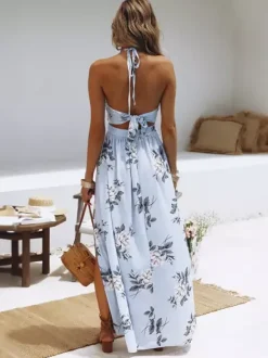 Robe longue dos nu en mousseline à imprimé floral - Robe fendue et découpée - Vacances d'été à la plage 2026