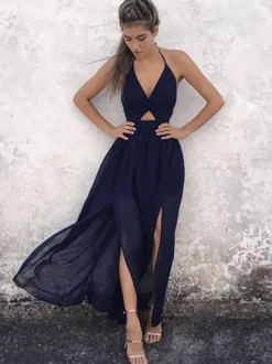 Robe longue dos nu en mousseline à imprimé floral - Robe fendue et découpée - Vacances d'été à la plage 2026