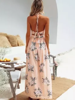 Robe longue dos nu en mousseline à imprimé floral - Robe fendue et découpée - Vacances d'été à la plage 2026