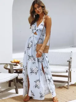 Robe longue dos nu en mousseline à imprimé floral - Robe fendue et découpée - Vacances d'été à la plage 2026