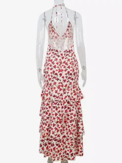 Robe longue dos nu à imprimé floral pour femme - Robe bustier fendue et à volants - Tenue sexy d'été pour un rendez-vous galant 2026
