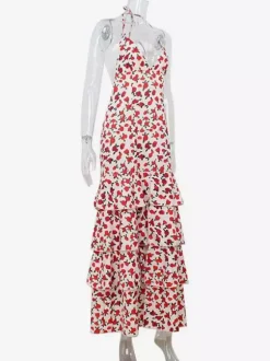 Robe longue dos nu à imprimé floral pour femme - Robe bustier fendue et à volants - Tenue sexy d'été pour un rendez-vous galant 2026