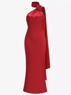 Robe longue dos nu élégante à rosettes pour femme - Robe sans manches en satin soyeux col drapé - Idéale pour les soirées de printemps 2026