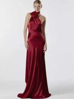 Robe longue dos nu élégante à rosettes pour femme - Robe sans manches en satin soyeux col drapé - Idéale pour les soirées de printemps 2026