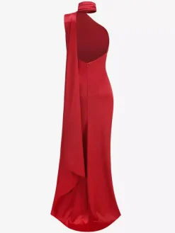 Robe longue dos nu élégante à rosettes pour femme - Robe sans manches en satin soyeux col drapé - Idéale pour les soirées de printemps 2026