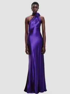 Robe longue dos nu élégante à rosettes pour femme - Robe sans manches en satin soyeux col drapé - Idéale pour les soirées de printemps 2026