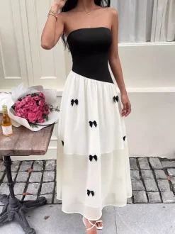 Robe longue dos nu à n艙uds sans manches à épaules dénudées style romantique noir et blanc