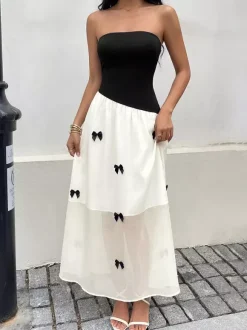 Robe longue dos nu à n艙uds sans manches à épaules dénudées style romantique noir et blanc