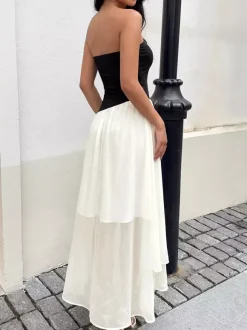 Robe longue dos nu à n艙uds sans manches à épaules dénudées style romantique noir et blanc