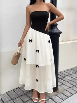 Robe longue dos nu à n艙uds sans manches à épaules dénudées style romantique noir et blanc