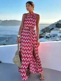 Robe longue dos nu pour femme - Imprimé géométrique bohème fente latérale fluide sans manches - Collection été 2026