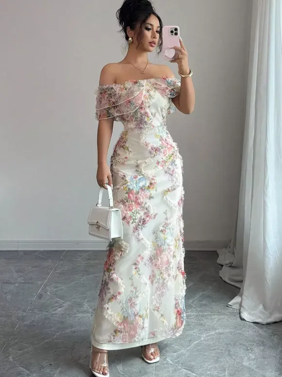 Robe longue dos nu à volants fermeture éclair imprimé floral épaules dénudées style romantique idéale pour un rendez-vous galant.