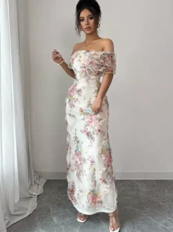 Robe longue dos nu à volants fermeture éclair imprimé floral épaules dénudées style romantique idéale pour un rendez-vous galant.