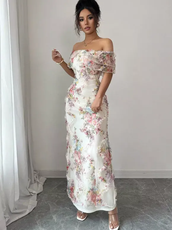 Robe longue dos nu à volants fermeture éclair imprimé floral épaules dénudées style romantique idéale pour un rendez-vous galant.