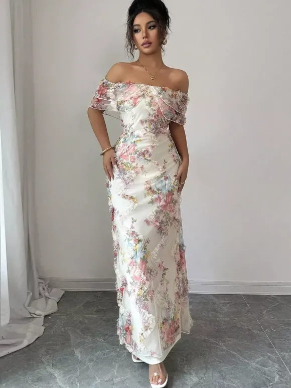 Robe longue dos nu à volants fermeture éclair imprimé floral épaules dénudées style romantique idéale pour un rendez-vous galant.