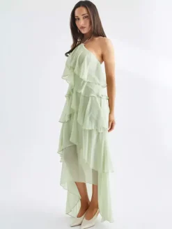 Robe longue dos nu à volants pour femme - Élégante robe d'été asymétrique en mousseline à volants et dos nu - Tenue idéale pour un rendez-vous galant en été 2026