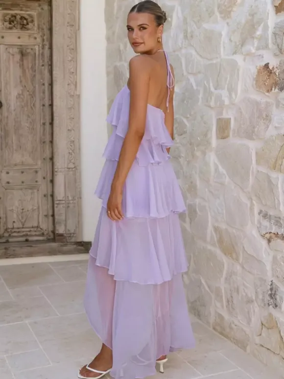 Robe longue dos nu à volants pour femme - Élégante robe d'été asymétrique en mousseline à volants et dos nu - Tenue idéale pour un rendez-vous galant en été 2026