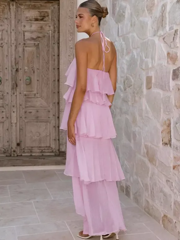 Robe longue dos nu à volants pour femme - Élégante robe d'été asymétrique en mousseline à volants et dos nu - Tenue idéale pour un rendez-vous galant en été 2026