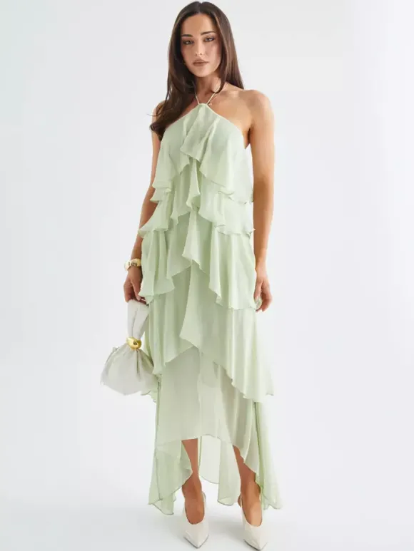 Robe longue dos nu à volants pour femme - Élégante robe d'été asymétrique en mousseline à volants et dos nu - Tenue idéale pour un rendez-vous galant en été 2026