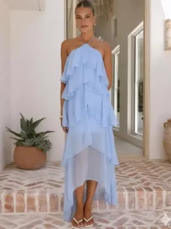 Robe longue dos nu à volants pour femme - Élégante robe d'été asymétrique en mousseline à volants et dos nu - Tenue idéale pour un rendez-vous galant en été 2026