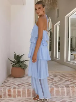 Robe longue dos nu à volants pour femme - Élégante robe d'été asymétrique en mousseline à volants et dos nu - Tenue idéale pour un rendez-vous galant en été 2026
