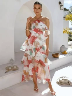 Robe longue dos nu à volants pour femme - Élégante robe d'été asymétrique en mousseline à volants et dos nu - Tenue idéale pour un rendez-vous galant en été 2026