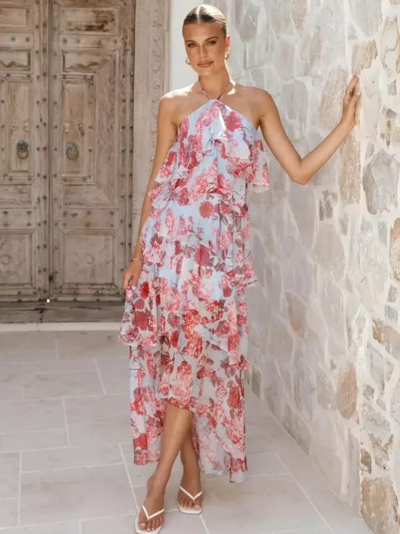 Robe longue dos nu à volants pour femme - Élégante robe d'été asymétrique en mousseline à volants et dos nu - Tenue idéale pour un rendez-vous galant en été 2026