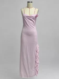 Robe longue dos nu à volants pour femme - Robe sans manches à bretelles et col bénitier ornée d'une fleur 3D - Soirée de gala d'été 2026