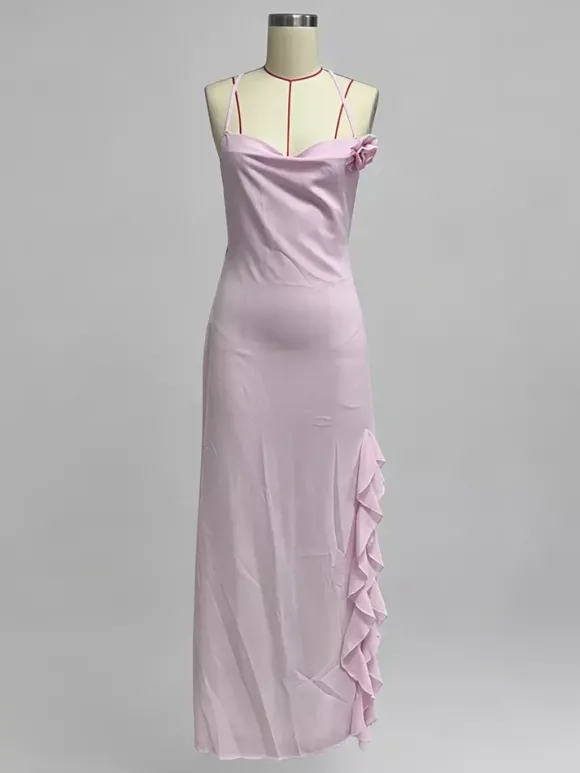 Robe longue dos nu à volants pour femme - Robe sans manches à bretelles et col bénitier ornée d'une fleur 3D - Soirée de gala d'été 2026