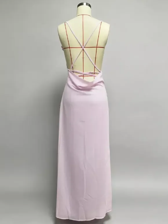 Robe longue dos nu à volants pour femme - Robe sans manches à bretelles et col bénitier ornée d'une fleur 3D - Soirée de gala d'été 2026