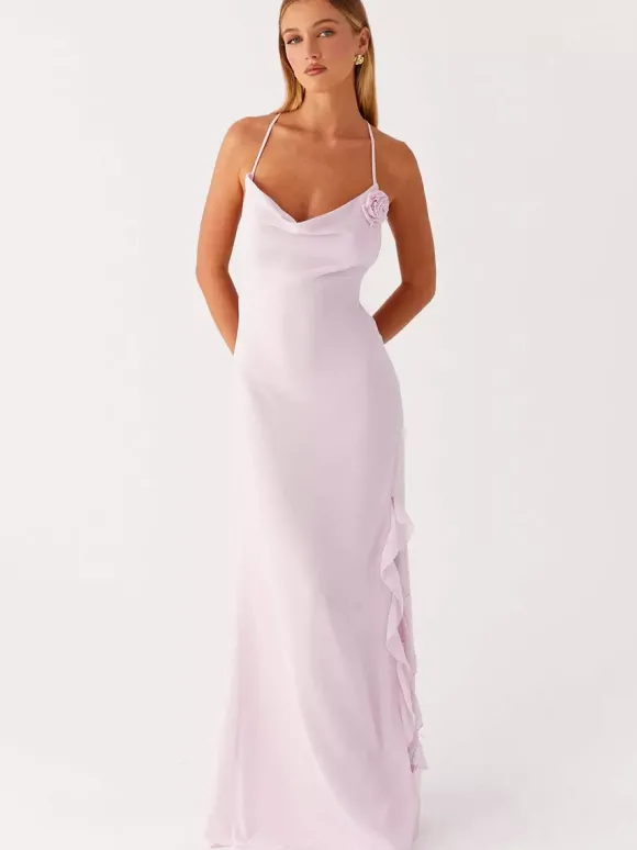 Robe longue dos nu à volants pour femme - Robe sans manches à bretelles et col bénitier ornée d'une fleur 3D - Soirée de gala d'été 2026