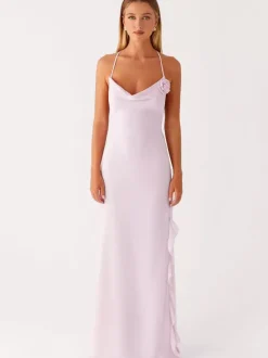 Robe longue dos nu à volants pour femme - Robe sans manches à bretelles et col bénitier ornée d'une fleur 3D - Soirée de gala d'été 2026