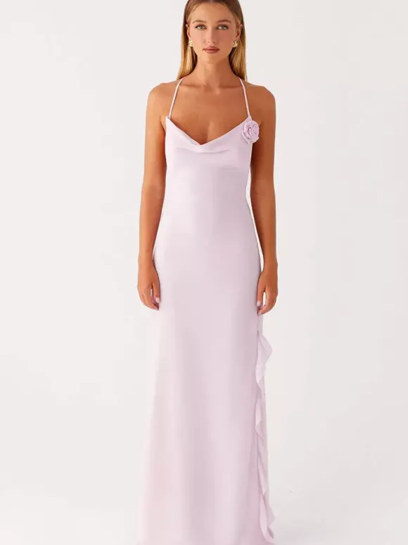 Robe longue dos nu à volants pour femme - Robe sans manches à bretelles et col bénitier ornée d'une fleur 3D - Soirée de gala d'été 2026