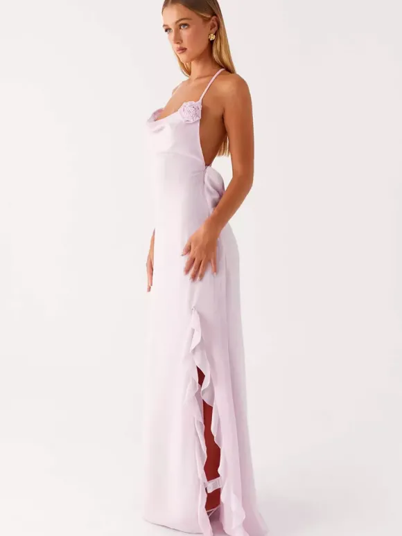 Robe longue dos nu à volants pour femme - Robe sans manches à bretelles et col bénitier ornée d'une fleur 3D - Soirée de gala d'été 2026