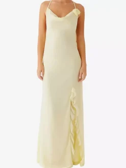 Robe longue dos nu à volants pour femme - Robe sans manches à bretelles et col bénitier ornée d'une fleur 3D - Soirée de gala d'été 2026