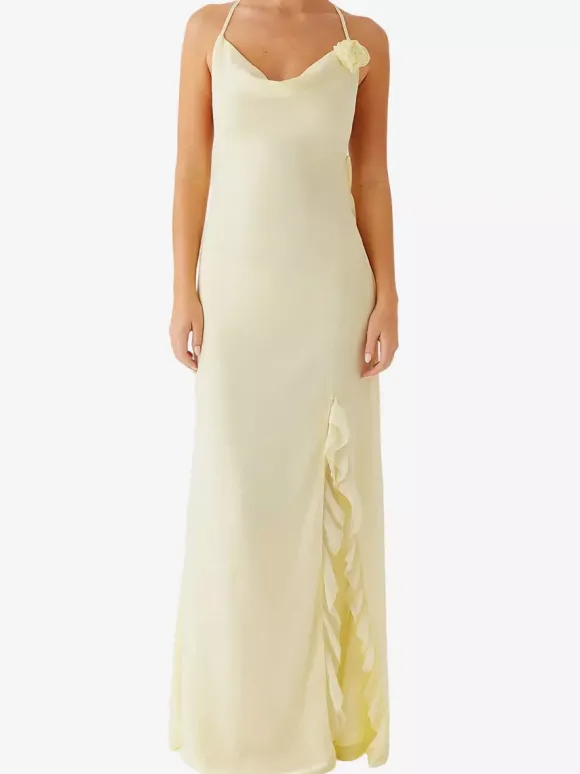 Robe longue dos nu à volants pour femme - Robe sans manches à bretelles et col bénitier ornée d'une fleur 3D - Soirée de gala d'été 2026