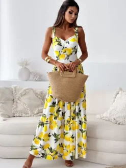 Robe longue d'été imprimée citron pour femme - Robe bouffante jaune style bohème sans manches col en V et volants - Collection été 2026