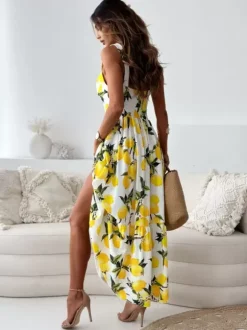 Robe longue d'été imprimée citron pour femme - Robe bouffante jaune style bohème sans manches col en V et volants - Collection été 2026