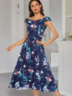 Robe longue d'été élégante à imprimé floral épaules dénudées sans manches et fermeture éclair.