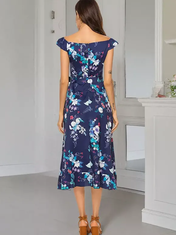 Robe longue d'été élégante à imprimé floral épaules dénudées sans manches et fermeture éclair.