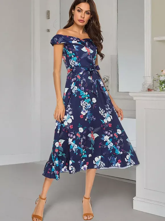 Robe longue d'été élégante à imprimé floral épaules dénudées sans manches et fermeture éclair.