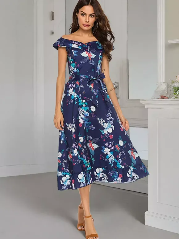 Robe longue d'été élégante à imprimé floral épaules dénudées sans manches et fermeture éclair.
