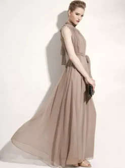 Robe Longue D'Été Robe De Plage Sans Manche En Mousseline De Soie À Col Montant Avec Ceinture