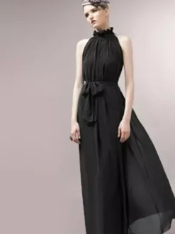 Robe Longue D'Été Robe De Plage Sans Manche En Mousseline De Soie À Col Montant Avec Ceinture