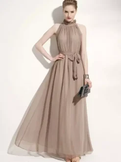 Robe Longue D'Été Robe De Plage Sans Manche En Mousseline De Soie À Col Montant Avec Ceinture