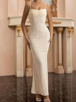 Robe longue en dentelle esthétique pour femme - Robe moulante froncée abricot - Tenue d'invitée aux mariages d'été 2026