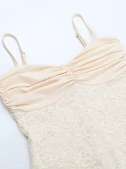 Robe longue en dentelle esthétique pour femme - Robe moulante froncée abricot - Tenue d'invitée aux mariages d'été 2026
